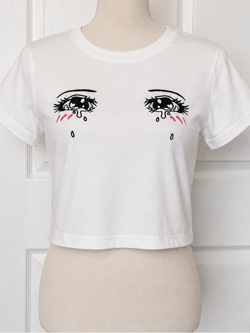 White Graphic Cropped Tee with Printed Teary Eyes Anime